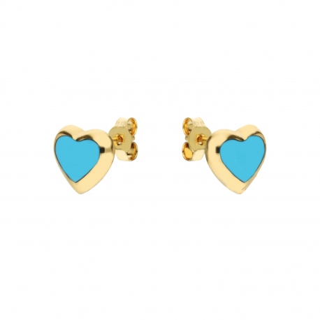 Boucles d'oreilles Coeur bombé de pâtes corales Turquoise en or jaune 18k