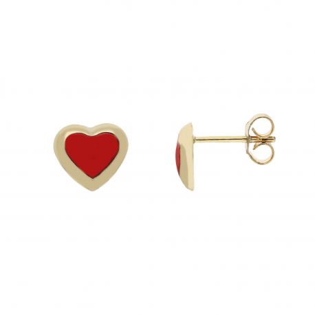 Boucles d'oreilles bombées de coeur avec pâtes corales rouges en or jaune 18k
