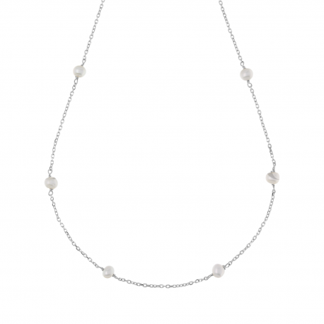 Rundhals in Kette mit Perle in Weißgold 18k