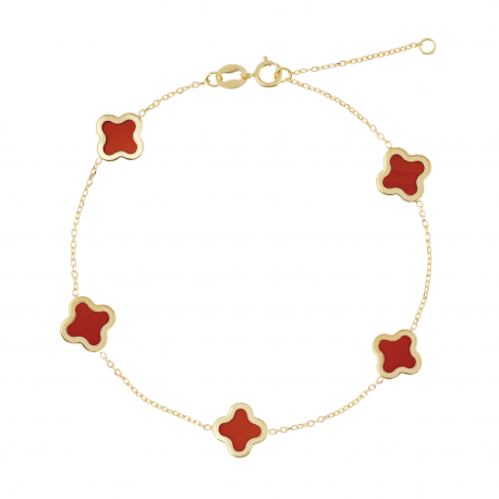 Pulseira de trevo de 5 folhas em ouro amarelo 18k com pedra vermelha