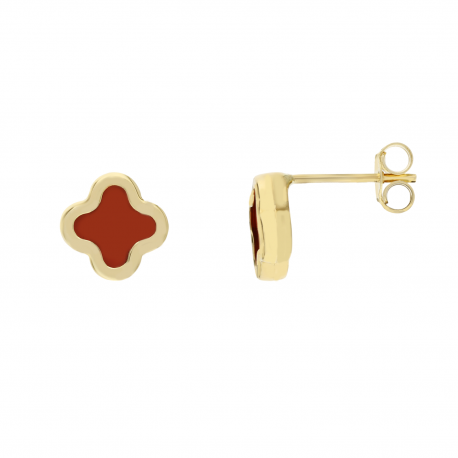 Quadrifoglio Boucles d'oreilles avec pierre rouge en or jaune 18k