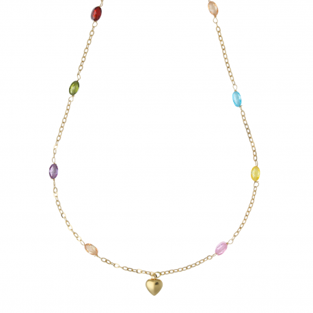 18k geelgouden hartketting met gekleurde stenen