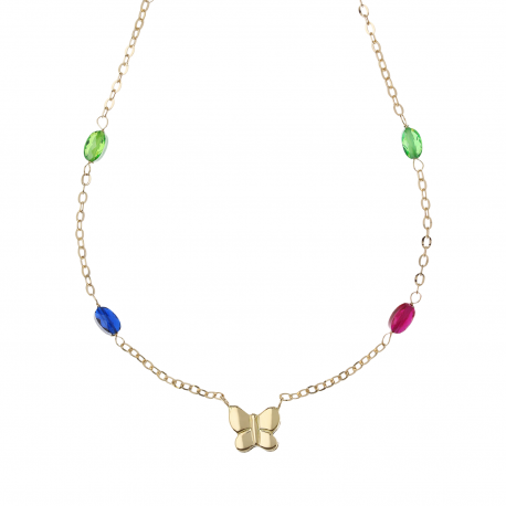Vlinderketting met blauwe, rode en groene stenen in 18k geel goud