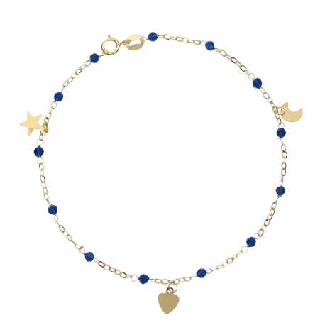 Bracciale Cuore , Stella e Luna con Spinelli Blu in Oro Giallo 18k
