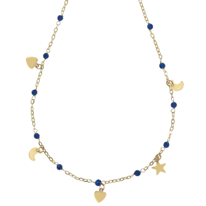 18k 黄金心形、星星和月亮项链，镶嵌蓝色尖晶石