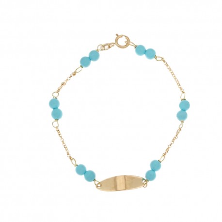 Bracelet unisexe en or jaune 18 kt 750/1000 avec étiquette et perles turquoises