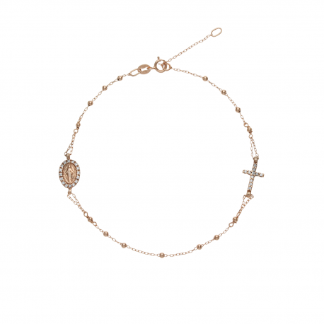 Браслет Розарио са белим цирконима у ружичастом злату 18к