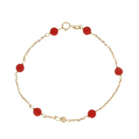 Armbånd i 18 kt 750/1000 gult gull med korallperler og unisex hamret kule