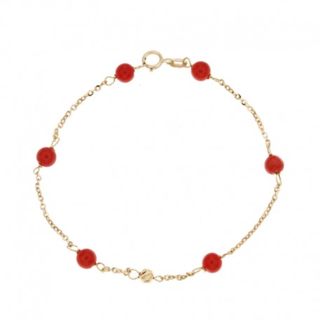 Yellow gold 18 kt 750/1000 with red coral spheres unisex bracelet