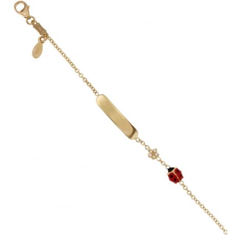 Pulsera de oro de 18 kt 750/1000 con placa brillante con mariquita y estrella de circonitas para niña