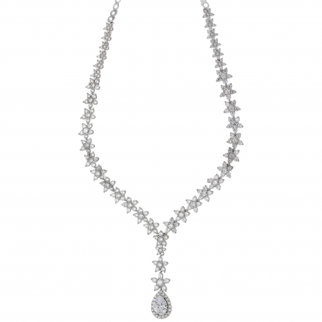 Collana Fiori con Pendente Goccia in Oro Bianco 18k con Zirconi Bianchi