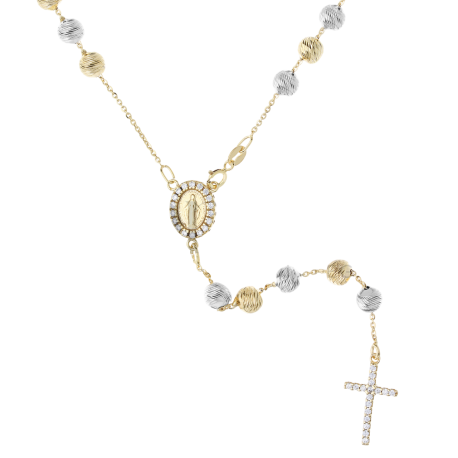 Rosario Pendente con Zirconi Bianchi in Oro Bianco e Giallo 18k