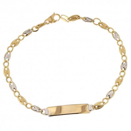 Bracelet en or blanc et jaune 18 kt 750/1000 avec chaîne plate et étiquette unisexe brillante