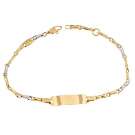 Gold 18 kt 750/1000 link chain with shiny square plate unisex bracelet