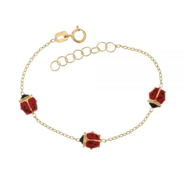 Bracciale in oro giallo 18 kt 750 1000 con coccinelle smaltate da