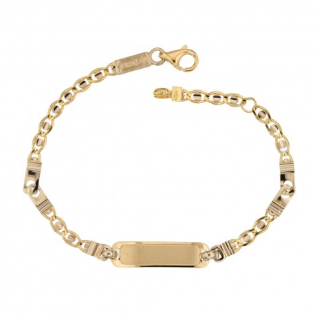 Gold 18 kt 750/1000 link chain with satin square plate unisex bracelet