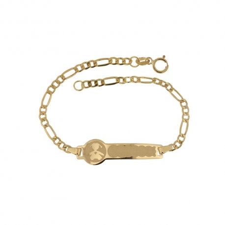 Bracelet chaîne en or jaune 18 kt 750/1000 avec petite fille et plaque en satin