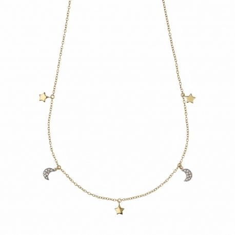 Colier Stea Lună cu zirconii albe, în aur galben și alb de 18k