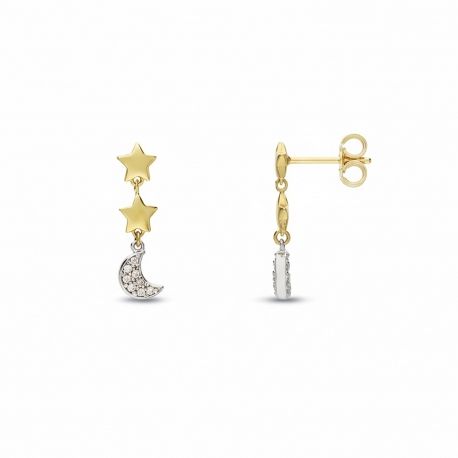 Pendientes colgantes de luna y estrella con circonitas blancas, en oro amarillo y blanco de 18 quilates.