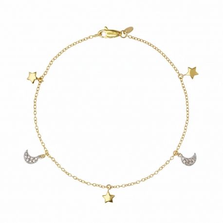 Bracelet Lune et Étoile avec Zircons Blancs en Or Jaune et Blanc 18 carats