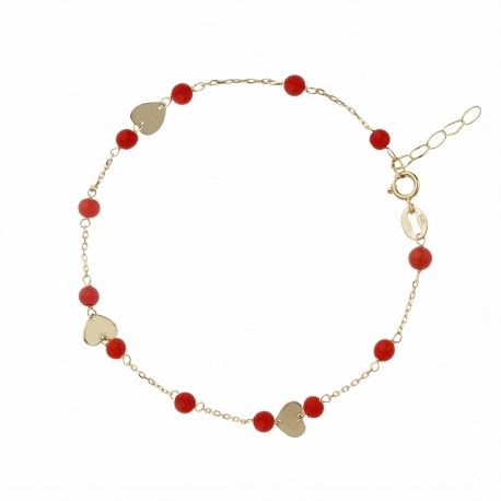 Pulseira feminina em ouro amarelo 18K com coral e coração