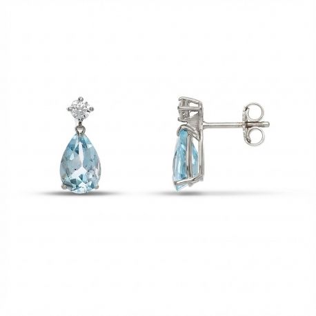 Brincos pendentes em ouro branco 18k com topázio azul e zircônia branca.