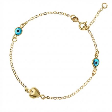 Armband van 18 karaats geelgoud met het oog van Allah en een hartje in een doosje.