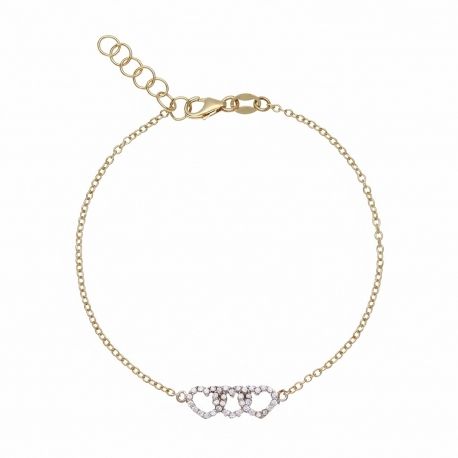 Aproce ar trim savstarpēji savītām sirdīm un baltu cirkoniju 18 karātu dzeltenā un baltā zelta provē