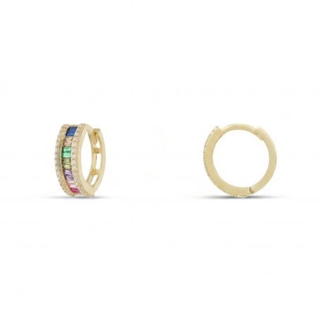 18k Yellow Gold Rainbow Stone Hoop Earrings