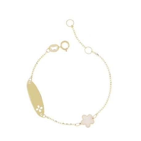 Pulsera de Oro 18k con Placa y Flor de Nácar