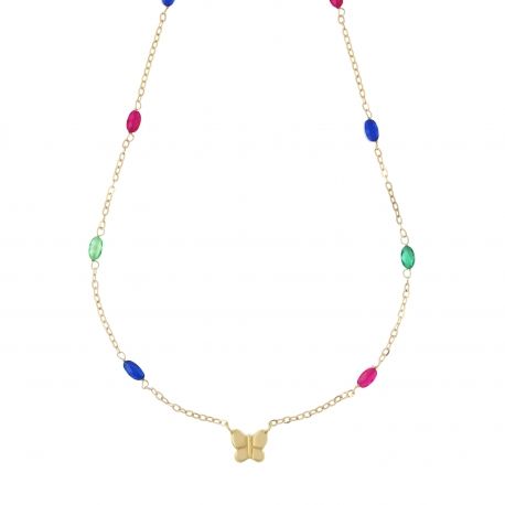 Girocollo in Oro Giallo 18k con Farfalla e Pietre Colorate