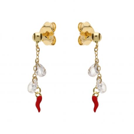 Orecchini con Corno Napoletano e Swarovski in Oro Giallo 18k