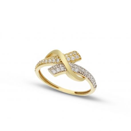 18K金光十字戒指，镶嵌锆石