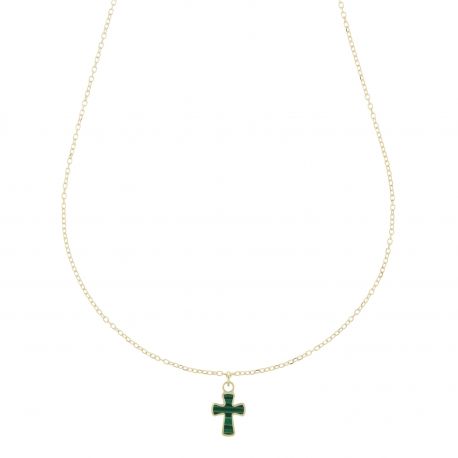 18k Yellow Gold Necklace with Green Cross
