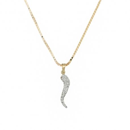 Colar em ouro 18 Kt 750/1000 com chifre napolitano e zircões brancos para mulher
