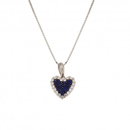 Ogrlica od 18 Kt bijelog zlata 750/1000 s privjeskom u obliku srca i bijelim i plavim cirkonima